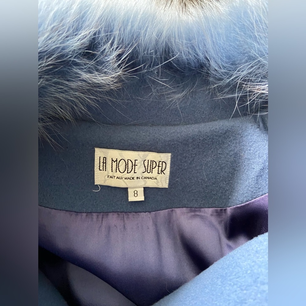 Vintage Light Blue Wool Winter Coat with Fox Fur Collar - Picture 3 of 6